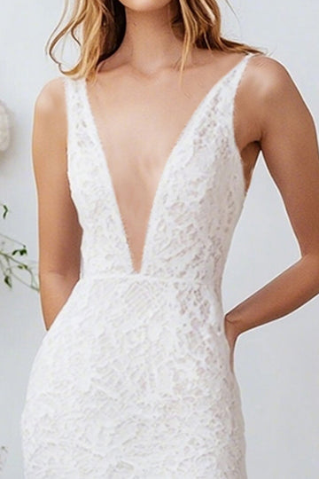 Simple White V-Neck Lace Graduation Dress